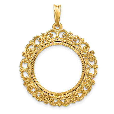 19.5 mm Coin Bezel Pendant Diamond-Cut Filigree Victorian Prong Set in 14k Yellow Gold