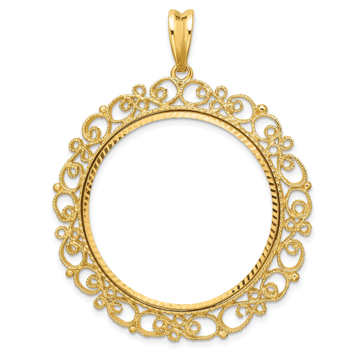 Australian 1 oz Gold Nugget $100 Coin Bezel Pendant Prong Set Diamond-Cut Filigree Victorian in 14k Yellow Gold