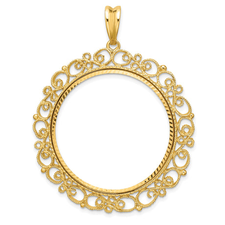 Australian 1 oz Gold Nugget $100 Coin Bezel Pendant Prong Set Diamond-Cut Filigree Victorian in 14k Yellow Gold