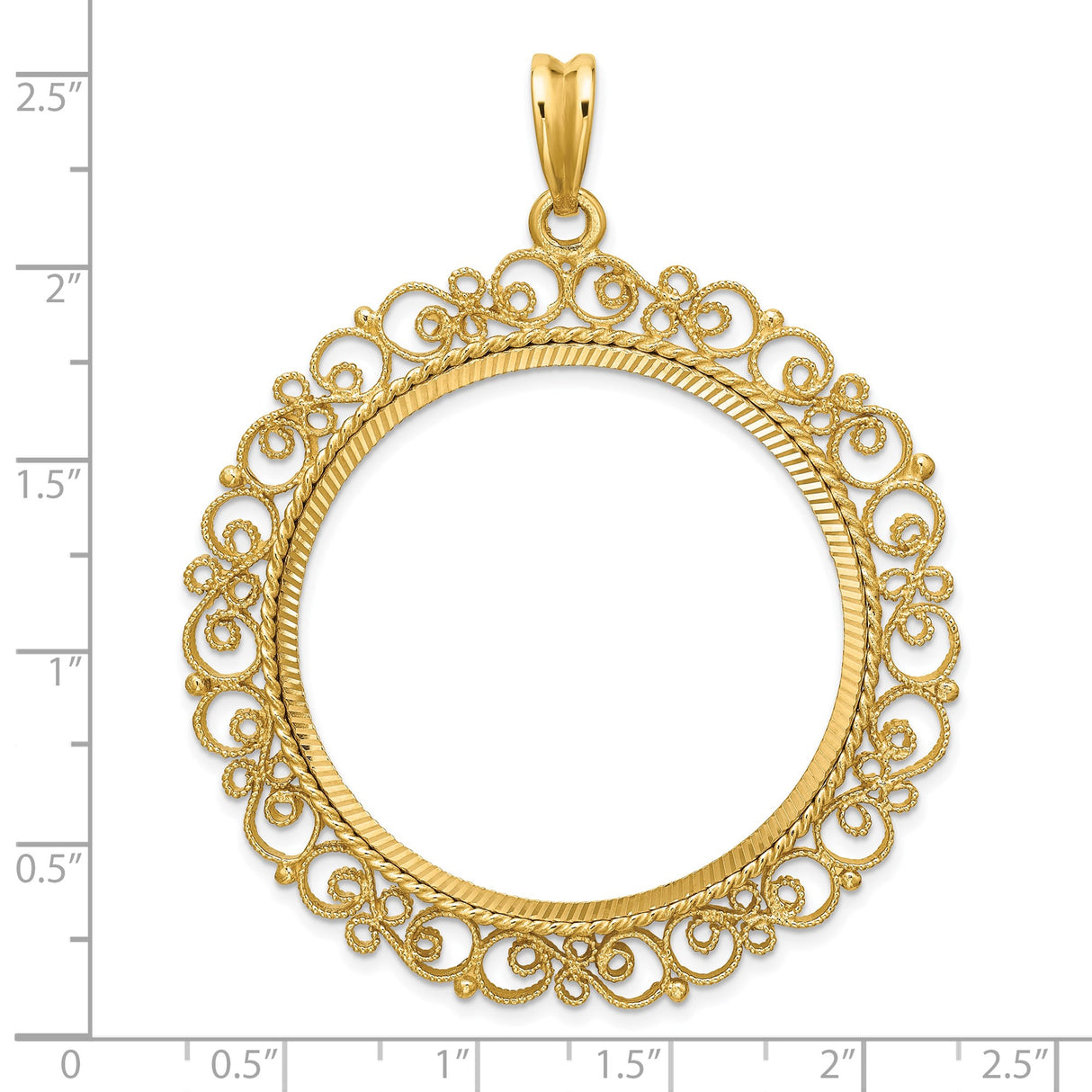 37 mm Coin Bezel Pendant Diamond-Cut Filigree Victorian Prong Set in 14k Yellow Gold