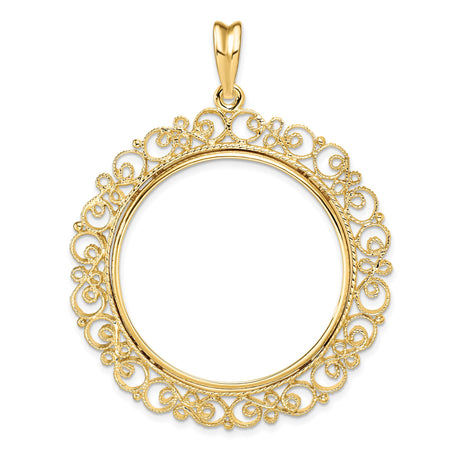 Australian 1 oz Gold Nugget $100 Coin Bezel Pendant Prong Set Fancy Filigree Victorian in 14k Yellow Gold