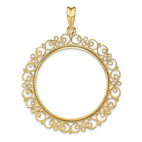 US 1 oz Platinum American Eagle $100 Coin Bezel Pendant Prong Set Fancy Filigree Victorian in 14k Yellow Gold