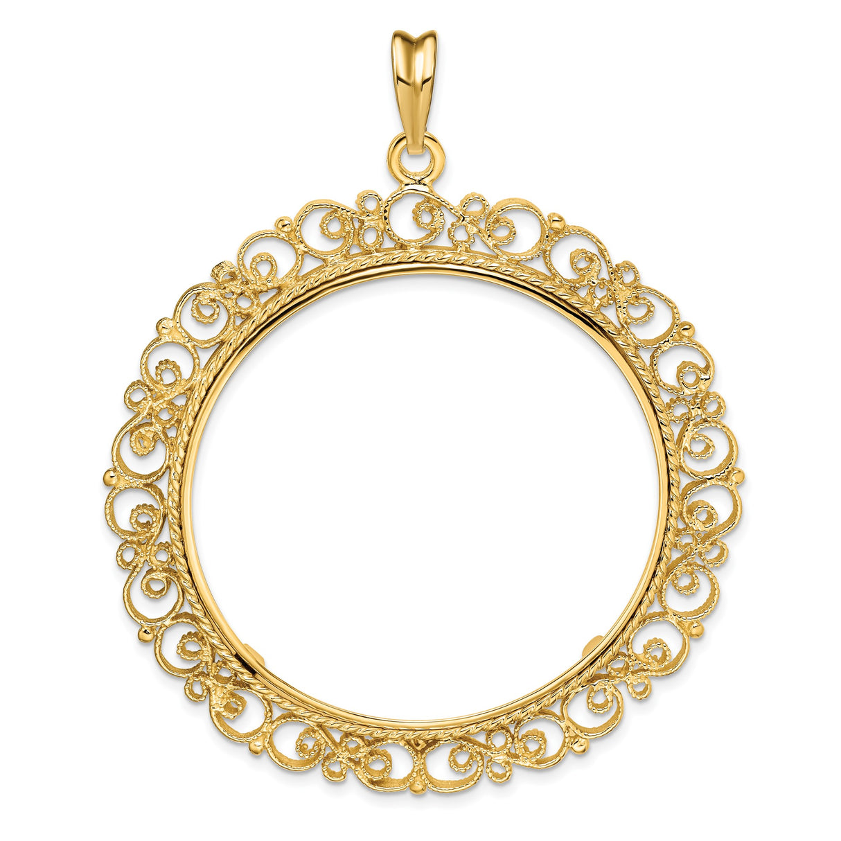 39.5 mm Coin Bezel Pendant Fancy Filigree Victorian Prong Set in 14k Yellow Gold
