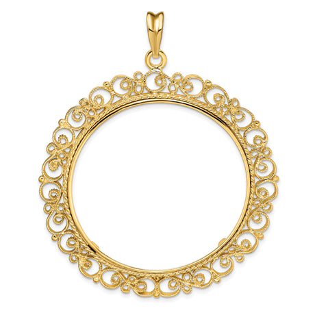 39.5 mm Coin Bezel Pendant Fancy Filigree Victorian Prong Set in 14k Yellow Gold