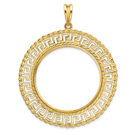 Isle of Man 1 oz Gold Cat 1 Crown Coin Bezel Pendant Prong Set Diamond-Cut Greek Key Rope in 14k Yellow Gold
