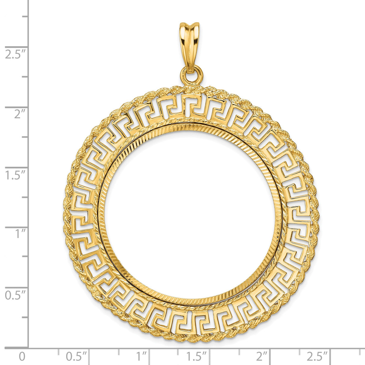 37 mm Coin Bezel Pendant Diamond-Cut Greek Key Rope Prong Set in 14k Yellow Gold