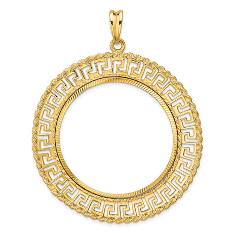 37 mm Coin Bezel Pendant Diamond-Cut Greek Key Rope Prong Set in 14k Yellow Gold