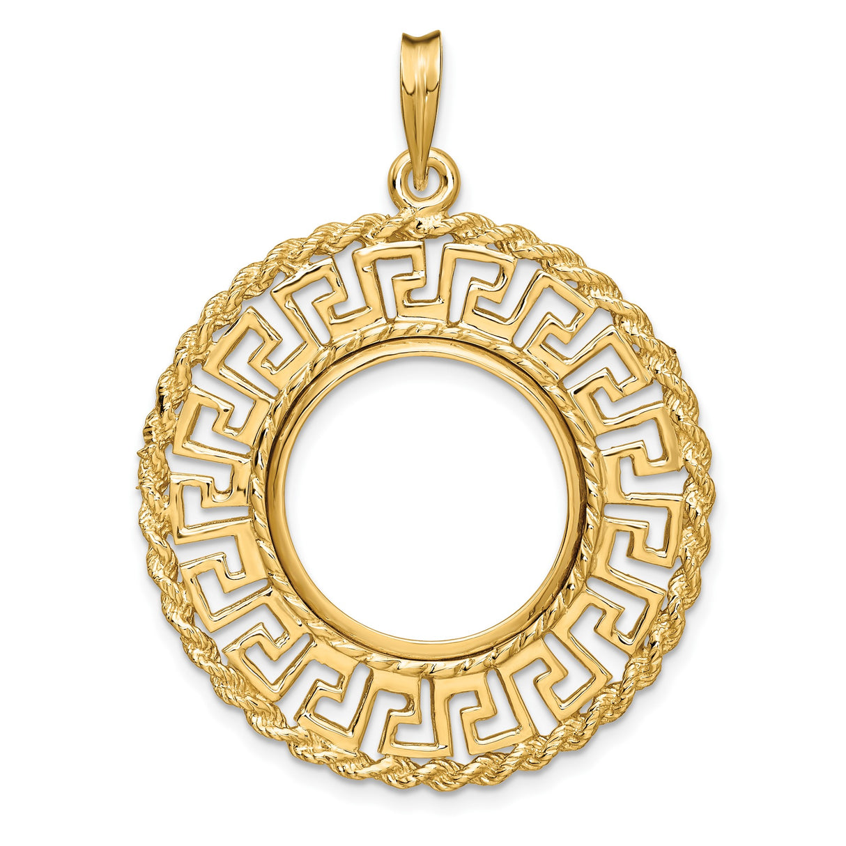 Isle of Man 1/10 oz Gold Cat Coin Bezel Pendant Prong Set Greek Key Rope in 14k Yellow Gold