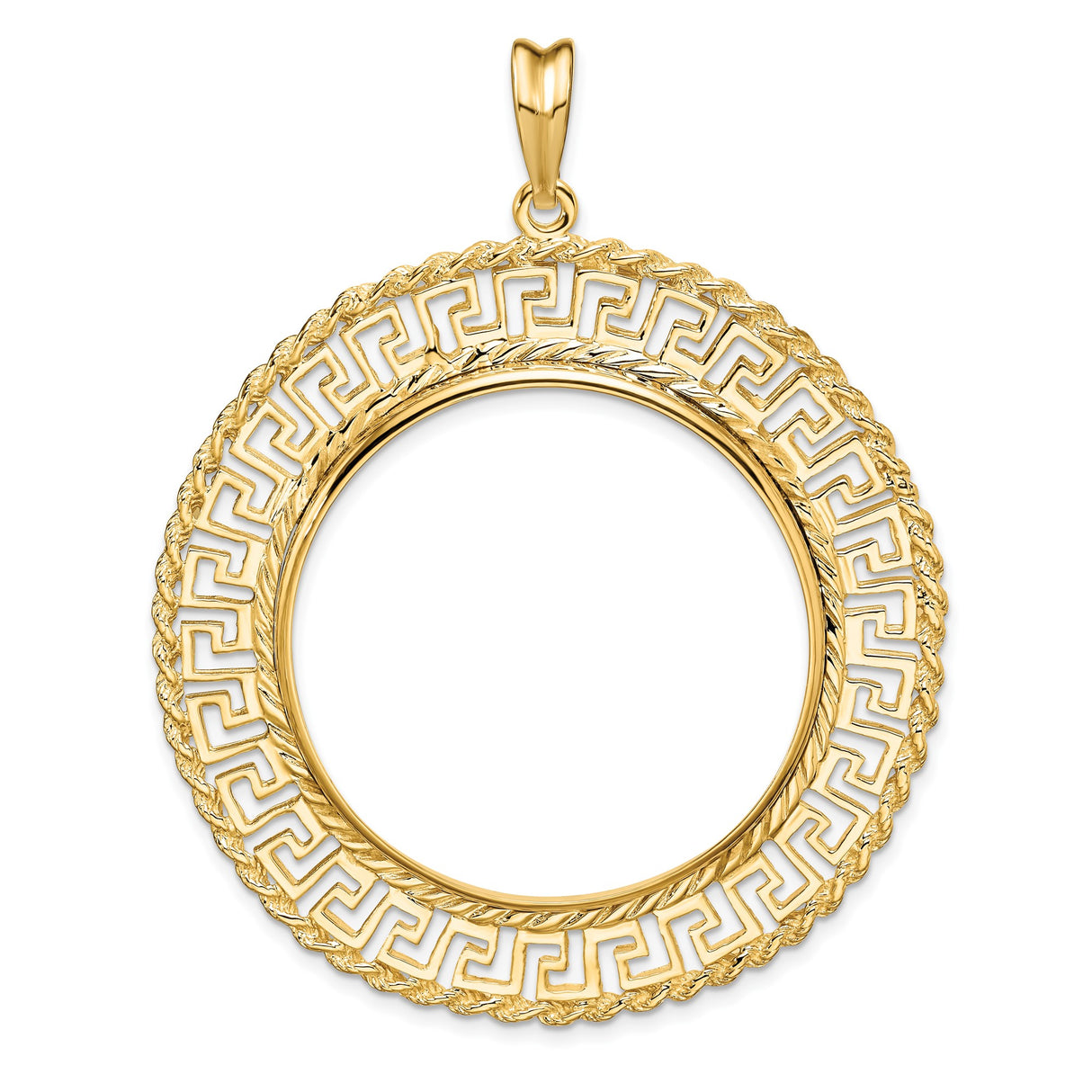 Australian 1 oz Gold Lunar $100 Coin Series 3 Coin Bezel Pendant Prong Set Greek Key Rope in 14k Yellow Gold