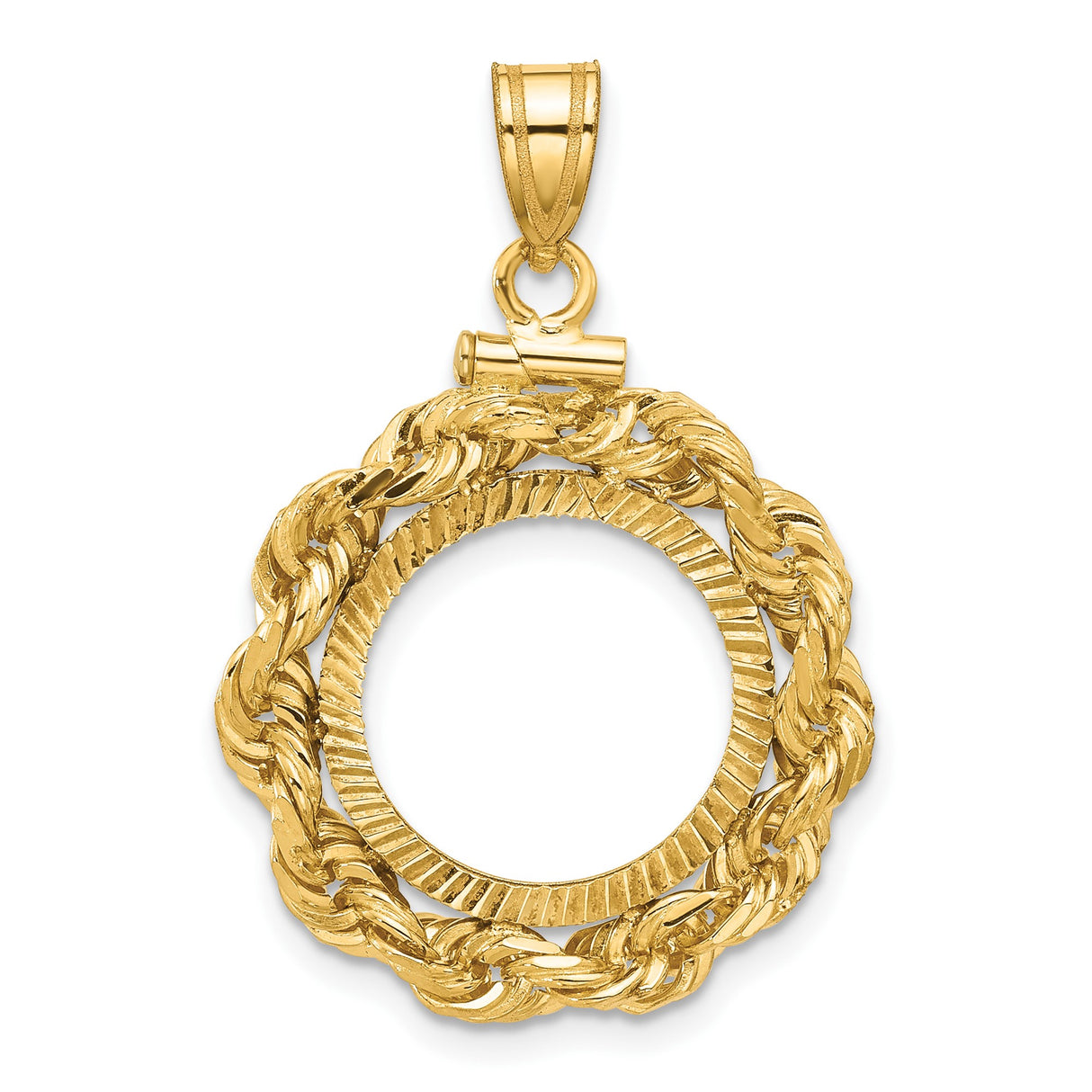 Australian 1/20 oz Gold Lunar $5 Coin Series 2 Coin Bezel Pendant Screw Top Large Diamond-Cut Knotted Rope in 14k Yellow Gold