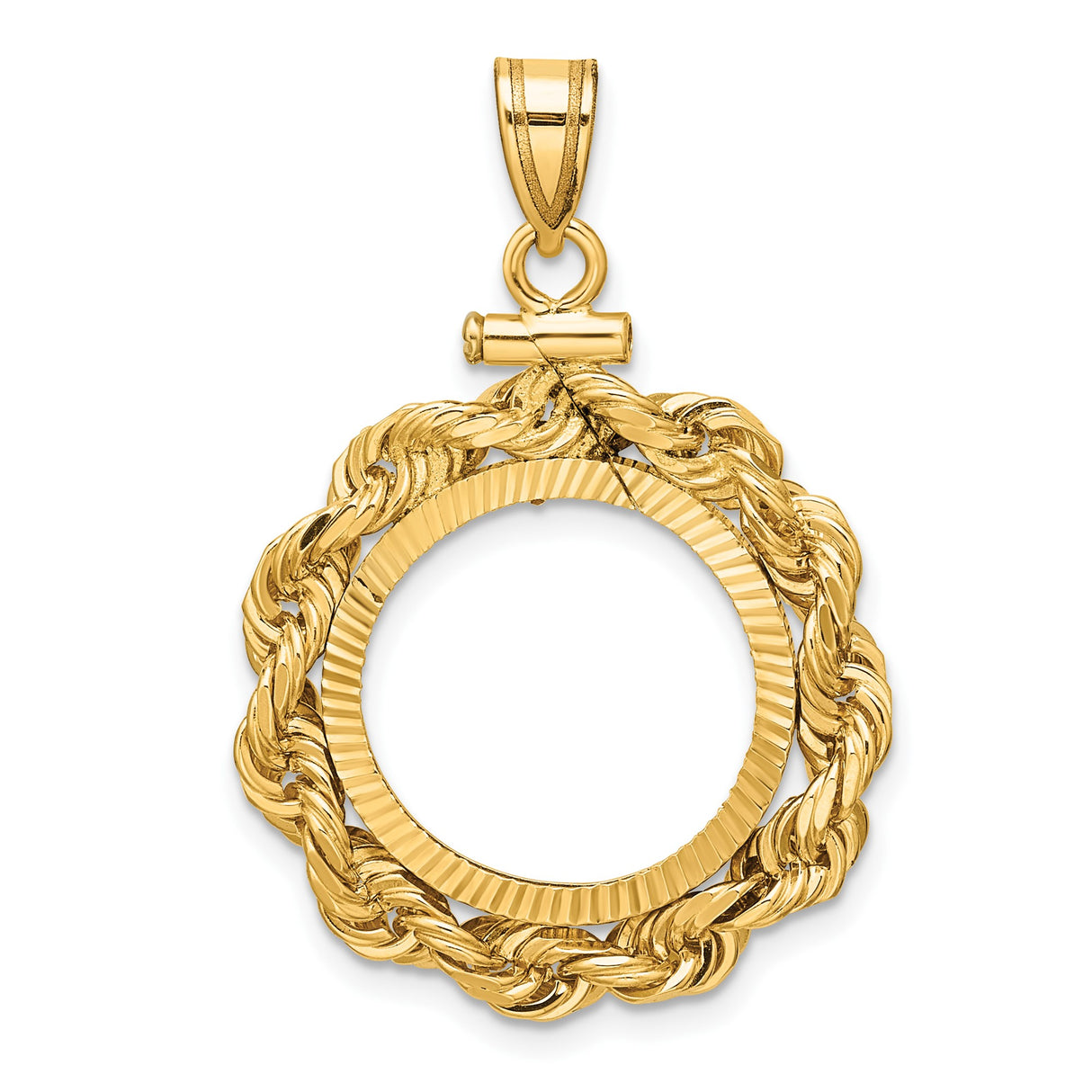 Australian 1/10 oz Gold Kangaroo $15 Coin Bezel Pendant Screw Top Large Diamond-Cut Knotted Rope in 14k Yellow Gold