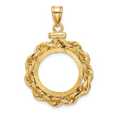 Australian 1/10 oz Gold Kangaroo $15 Coin Bezel Pendant Screw Top Large Diamond-Cut Knotted Rope in 14k Yellow Gold