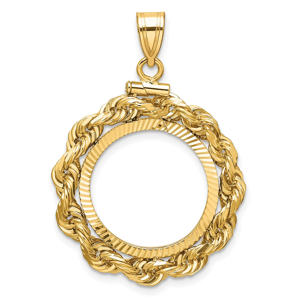 Isle of Man 1/10 oz Gold Cat Coin Bezel Pendant Screw Top Large Diamond-Cut Knotted Rope in 14k Yellow Gold