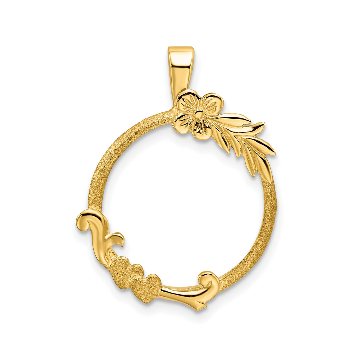 Australian 1/10 oz Gold Lunar $15 Coin Series 1 Coin Bezel Pendant Prong Set Flower and Hearts in 14k Yellow Gold