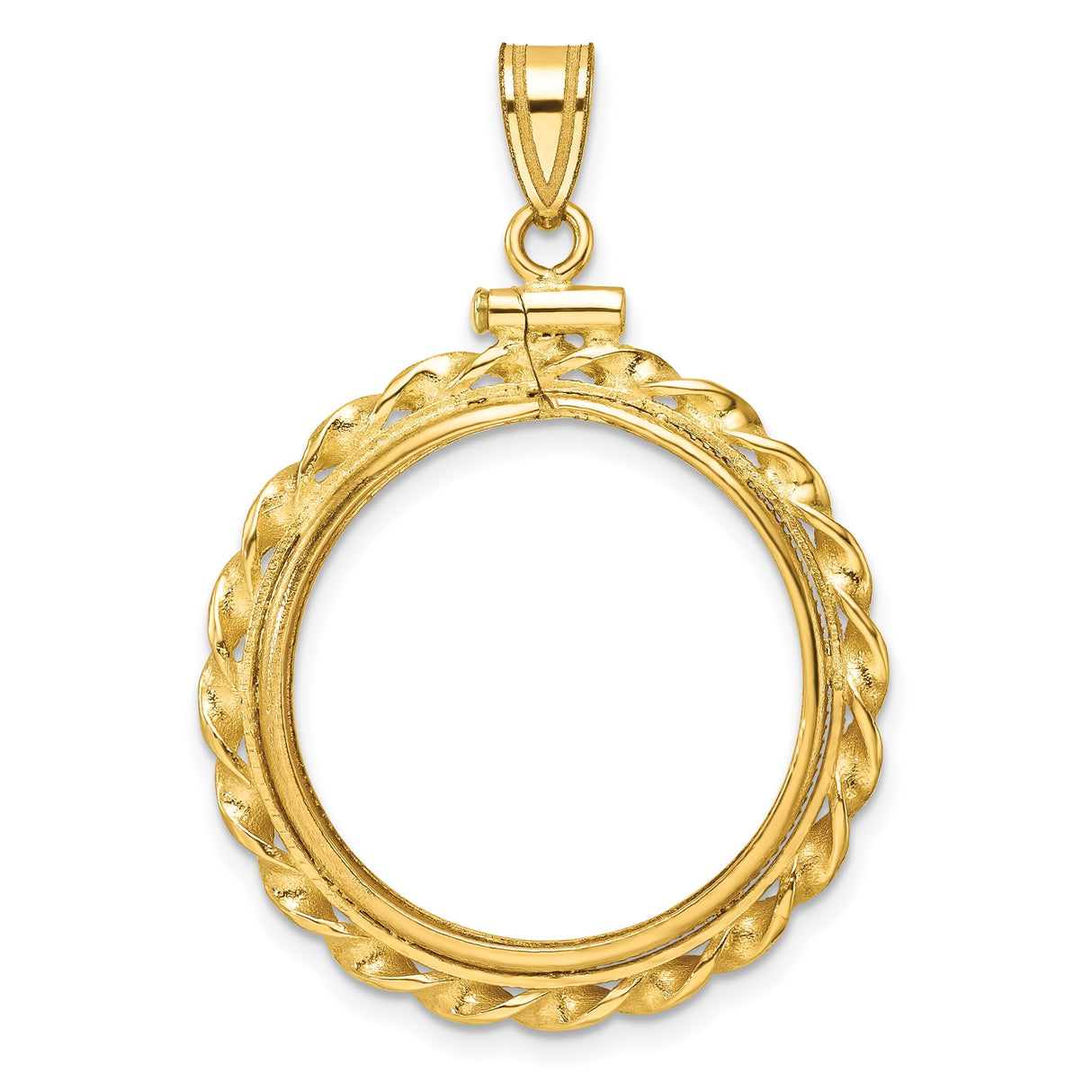 US 1/4 oz Platinum American Eagle $25 Coin Bezel Pendant Screw Top Wide Twisted Wire in 14k Yellow Gold