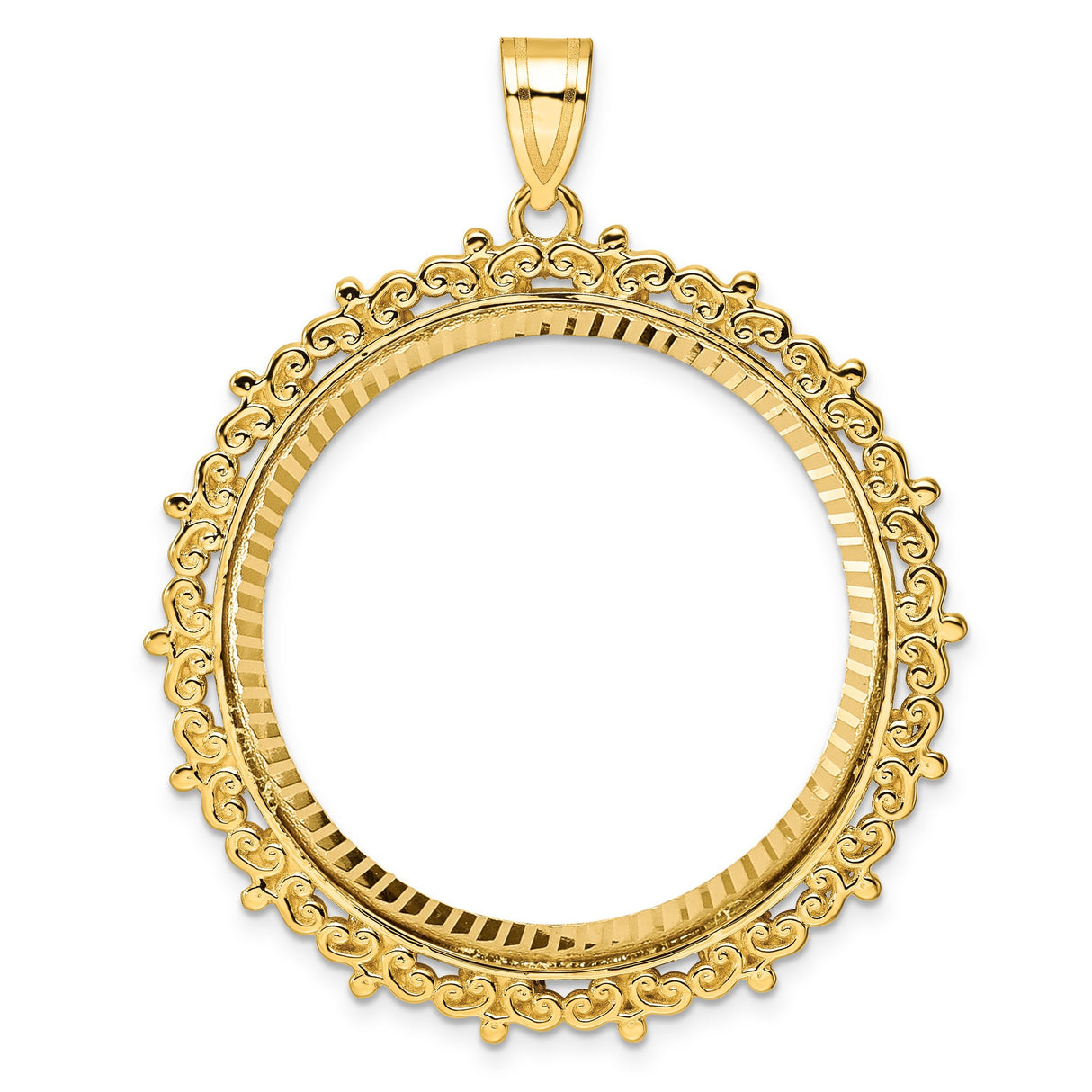 Isle of Man 1 oz Gold Cat 1 Crown Coin Bezel Pendant Prong Set Diamond-Cut Fancy Scroll in 14k Yellow Gold