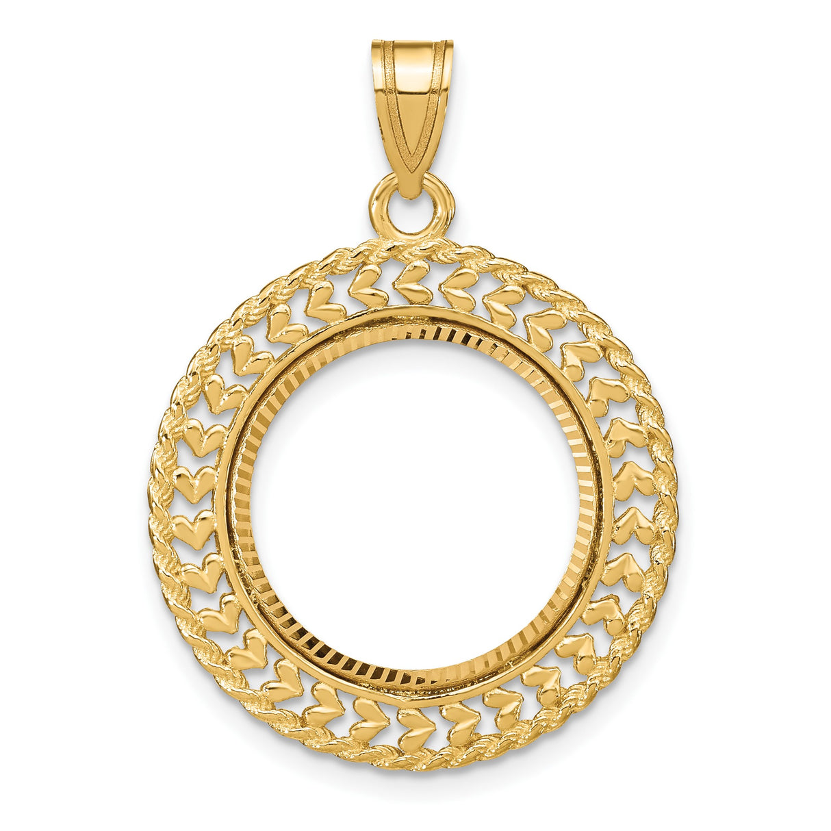 Australian 1/10 oz Gold Koala $15 Coin Bezel Pendant Prong Set Diamond-Cut Hearts and Rope Border in 14k Yellow Gold