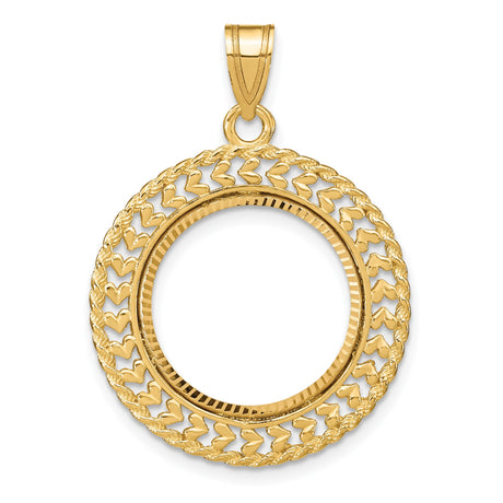 Australian 1/10 oz Gold Kangaroo $15 Coin Bezel Pendant Prong Set Hearts and Rope Border in 14k Yellow Gold