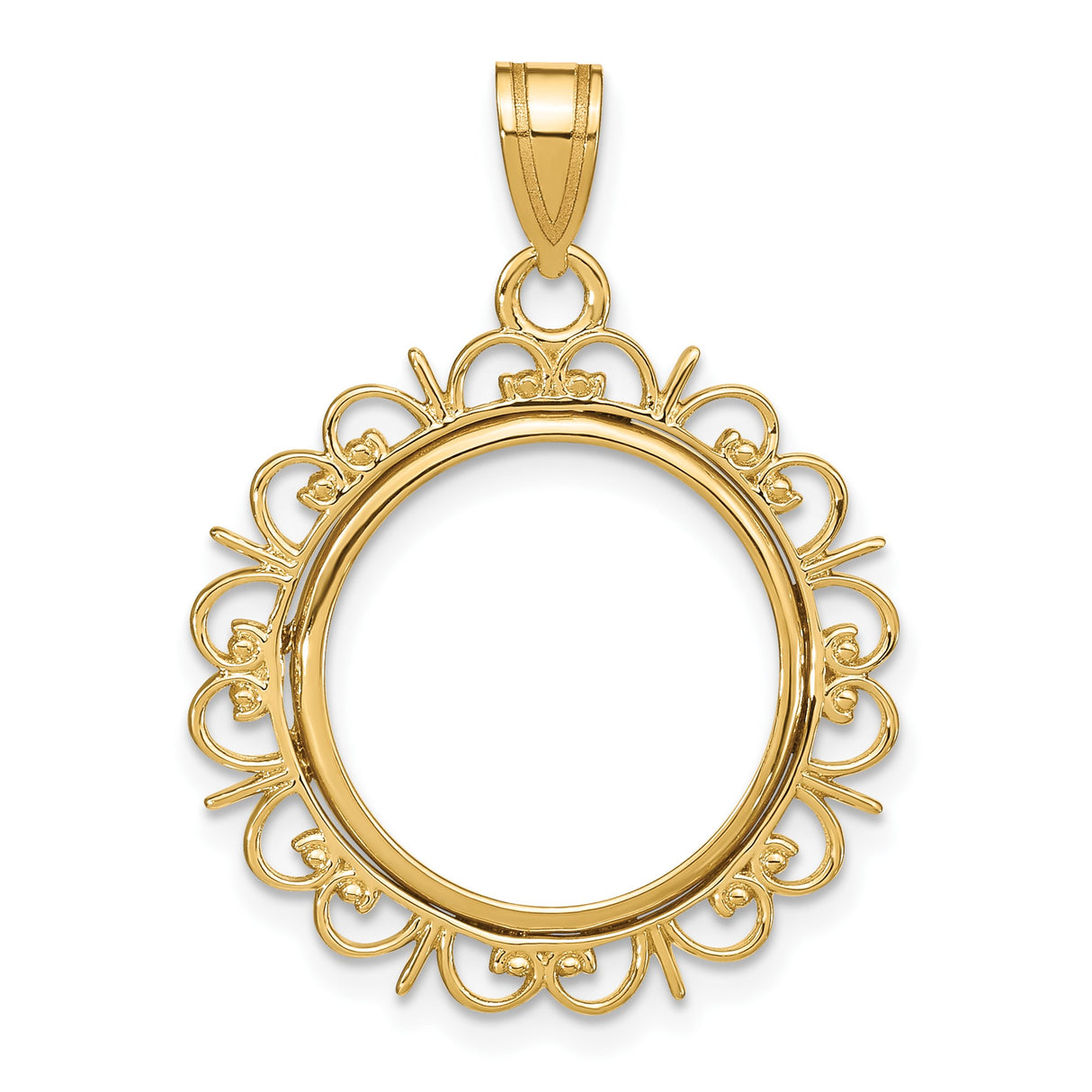 Australian 1/10 oz Gold Kangaroo $15 Coin Bezel Pendant Prong Set Ornate Border in 14k Yellow Gold