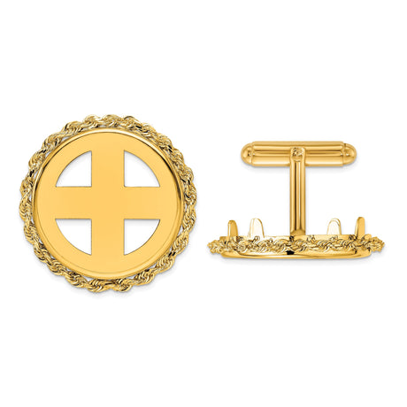 Italy Gold 20 Lire Coin Bezel Cuff Links Prong Set Polished Rope in 14k Yellow Gold