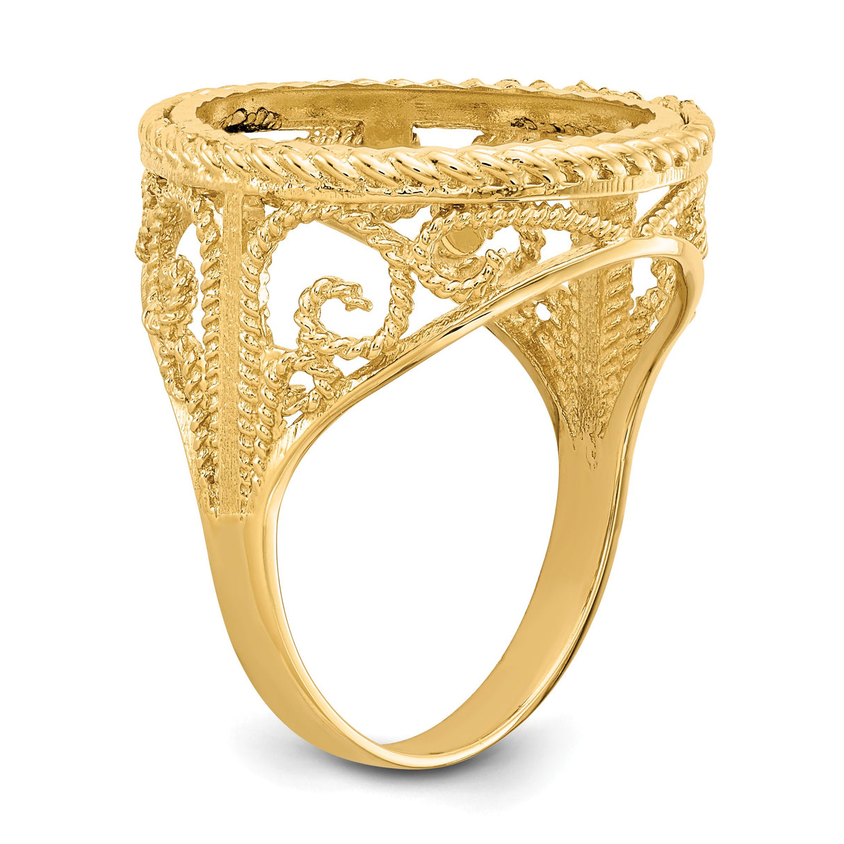 Australian 1/10 oz Gold Lunar $15 Coin Series 3 Coin Bezel Ring Prong Set Diamond-Cut Twisted Wire Scroll in 14k Yellow Gold