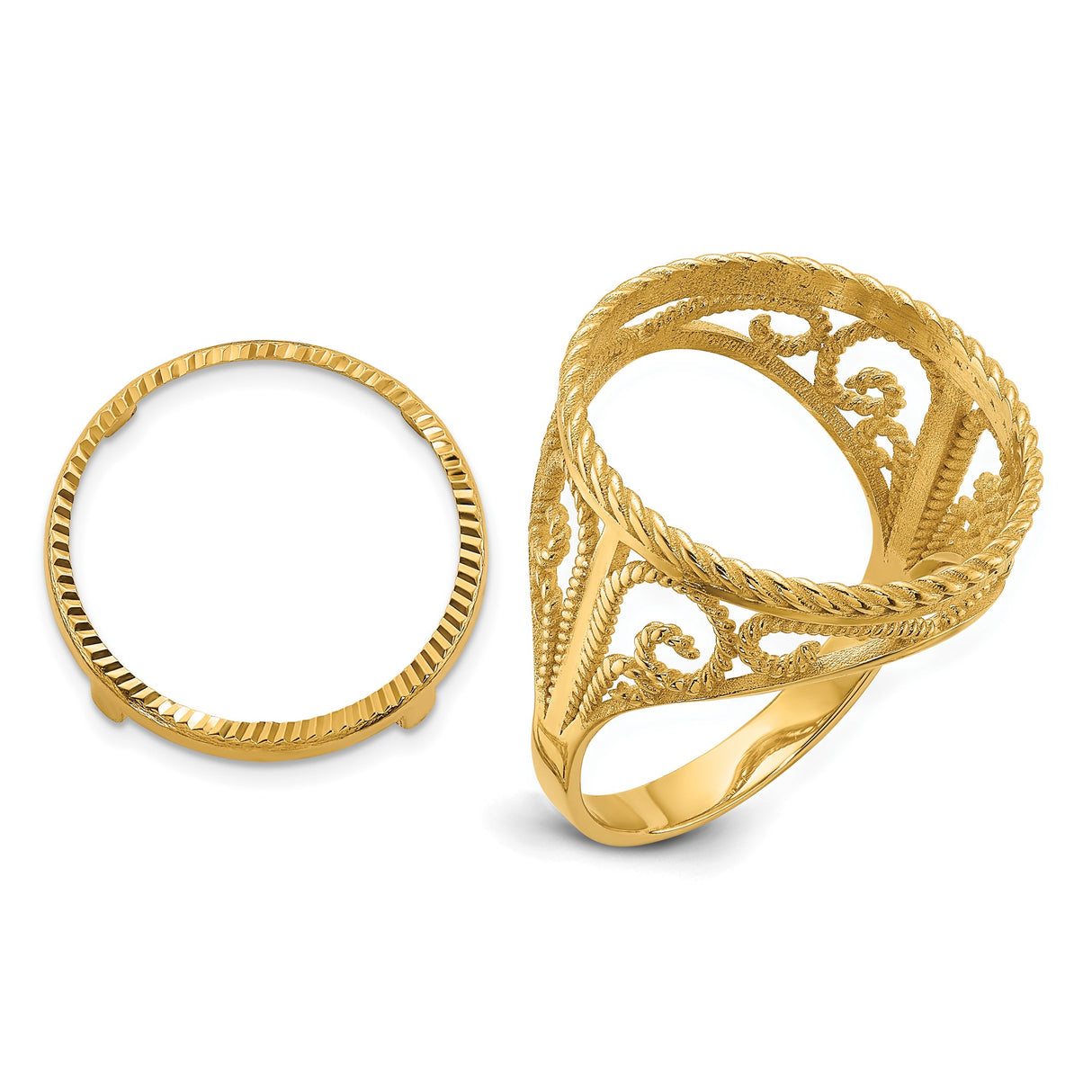 Australian 1/10 oz Gold Lunar $15 Coin Series 3 Coin Bezel Ring Prong Set Diamond-Cut Twisted Wire Scroll in 14k Yellow Gold