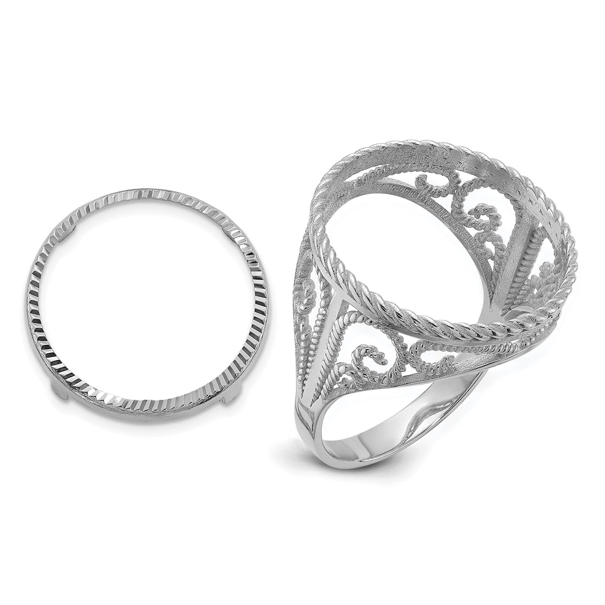 Australian 1/10 oz Gold Lunar $15 Coin Series 3 Coin Bezel Ring Prong Set Diamond-Cut Twisted Wire Scroll in 14k White Gold