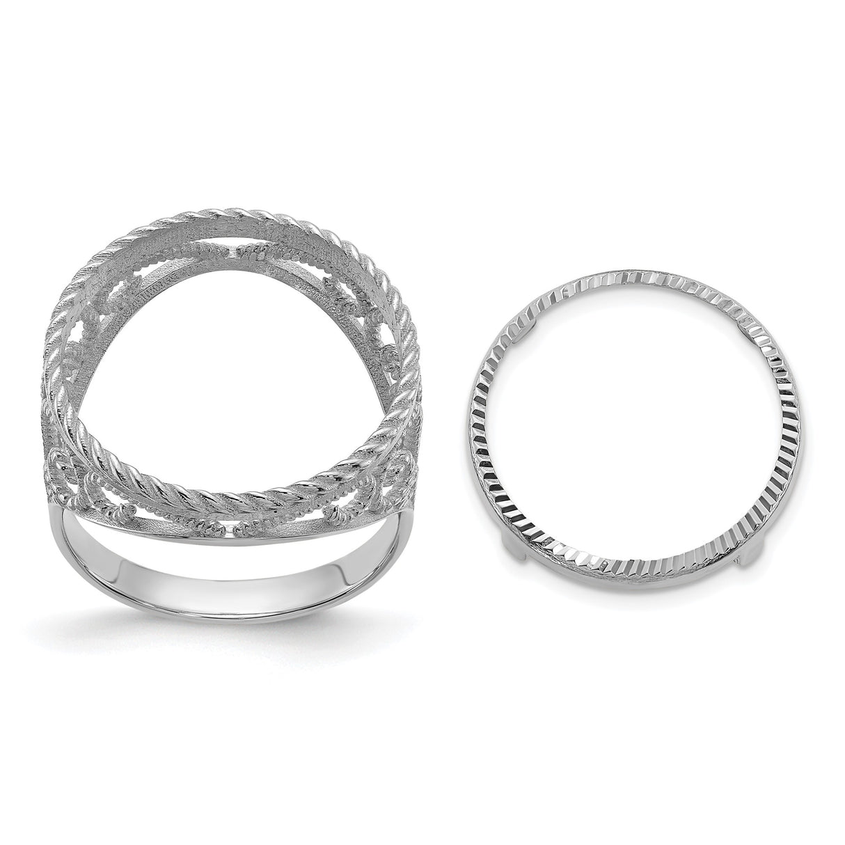 Australian 1/10 oz Gold Lunar $15 Coin Series 3 Coin Bezel Ring Prong Set Diamond-Cut Twisted Wire Scroll in 14k White Gold