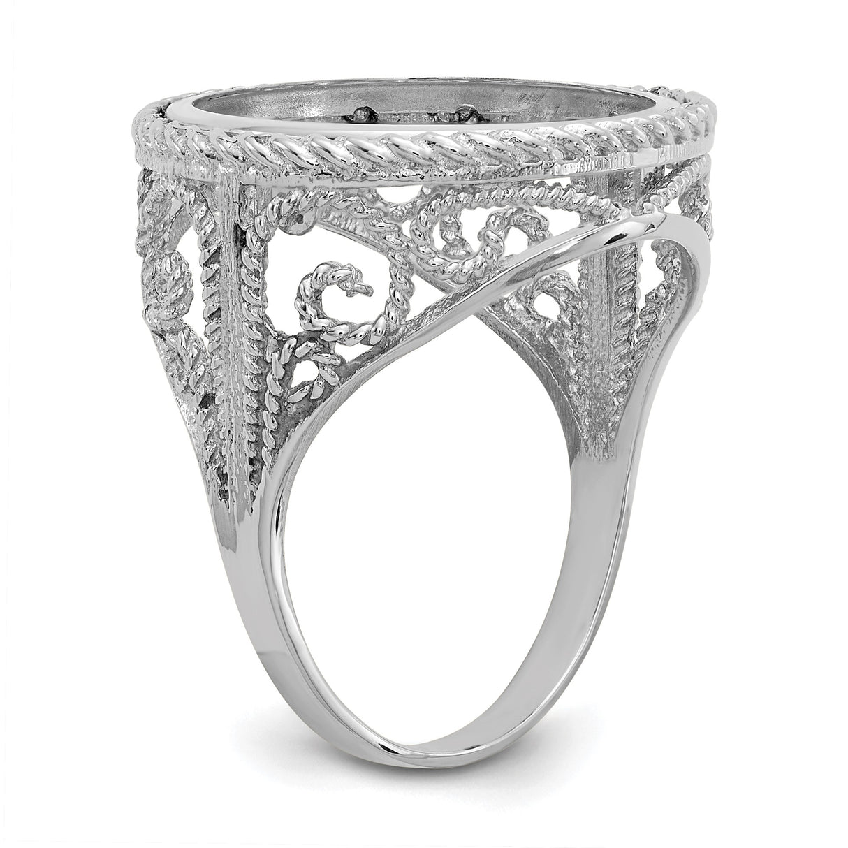Australian 1/10 oz Gold Lunar $15 Coin Series 3 Coin Bezel Ring Prong Set Diamond-Cut Twisted Wire Scroll in 14k White Gold