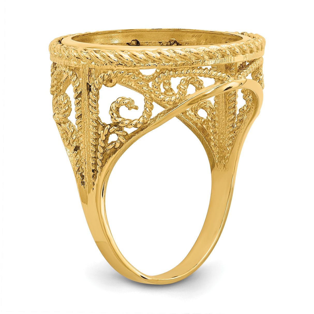 Australian 1/10 oz Gold Kangaroo $15 Coin Bezel Ring Prong Set Diamond-Cut Twisted Wire Scroll in 14k Yellow Gold