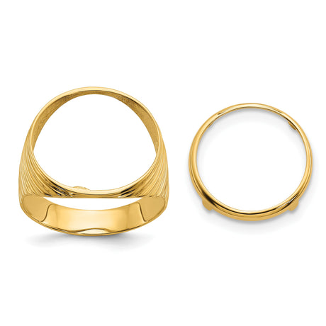 Australian 1/10 oz Gold Lunar $15 Coin Series 3 Coin Bezel Ring Prong Set Mens Ribbed Edge in 14k Yellow Gold
