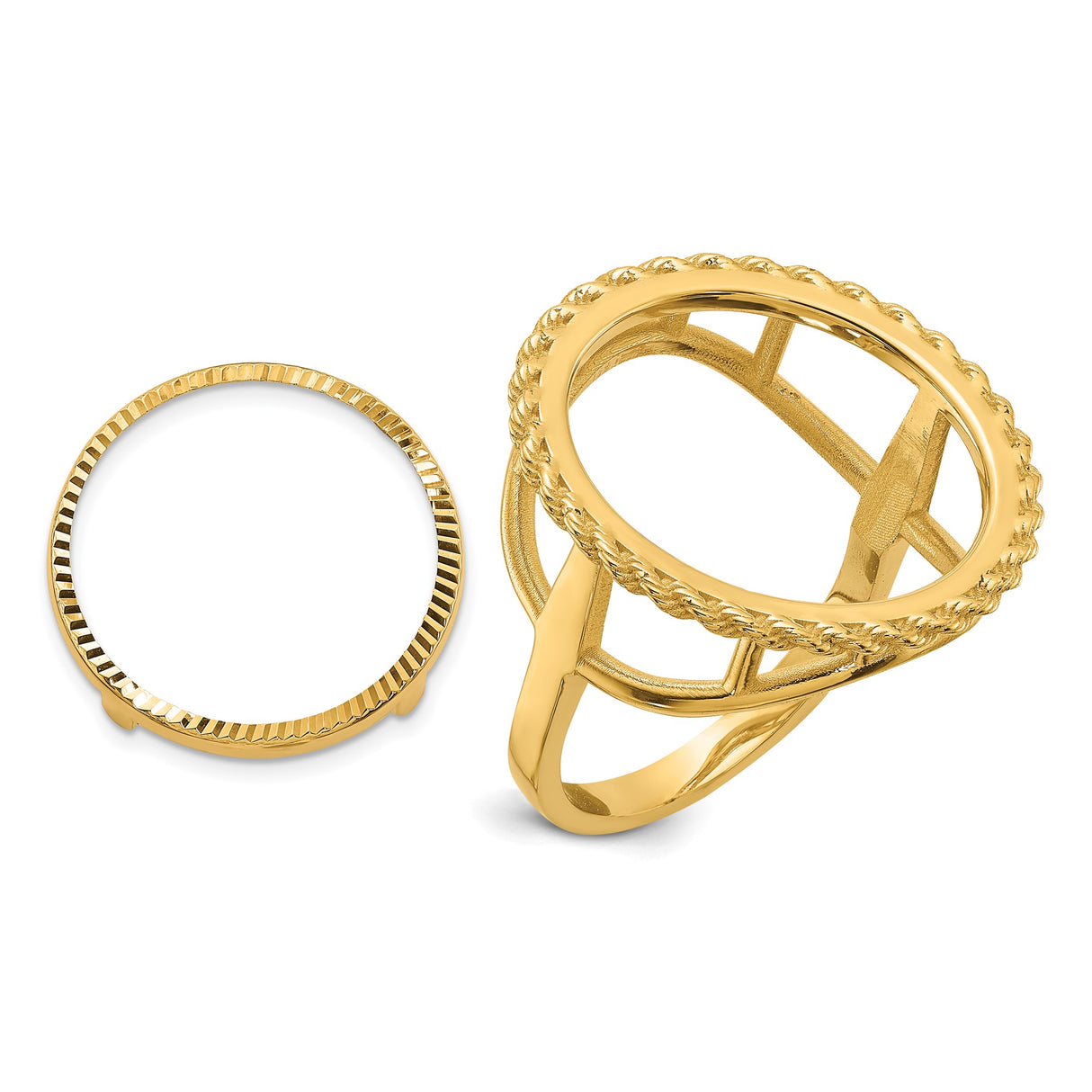 Australian 1/10 oz Gold Kangaroo $15 Coin Bezel Ring Prong Set Diamond-Cut Rope Edge in 14k Yellow Gold