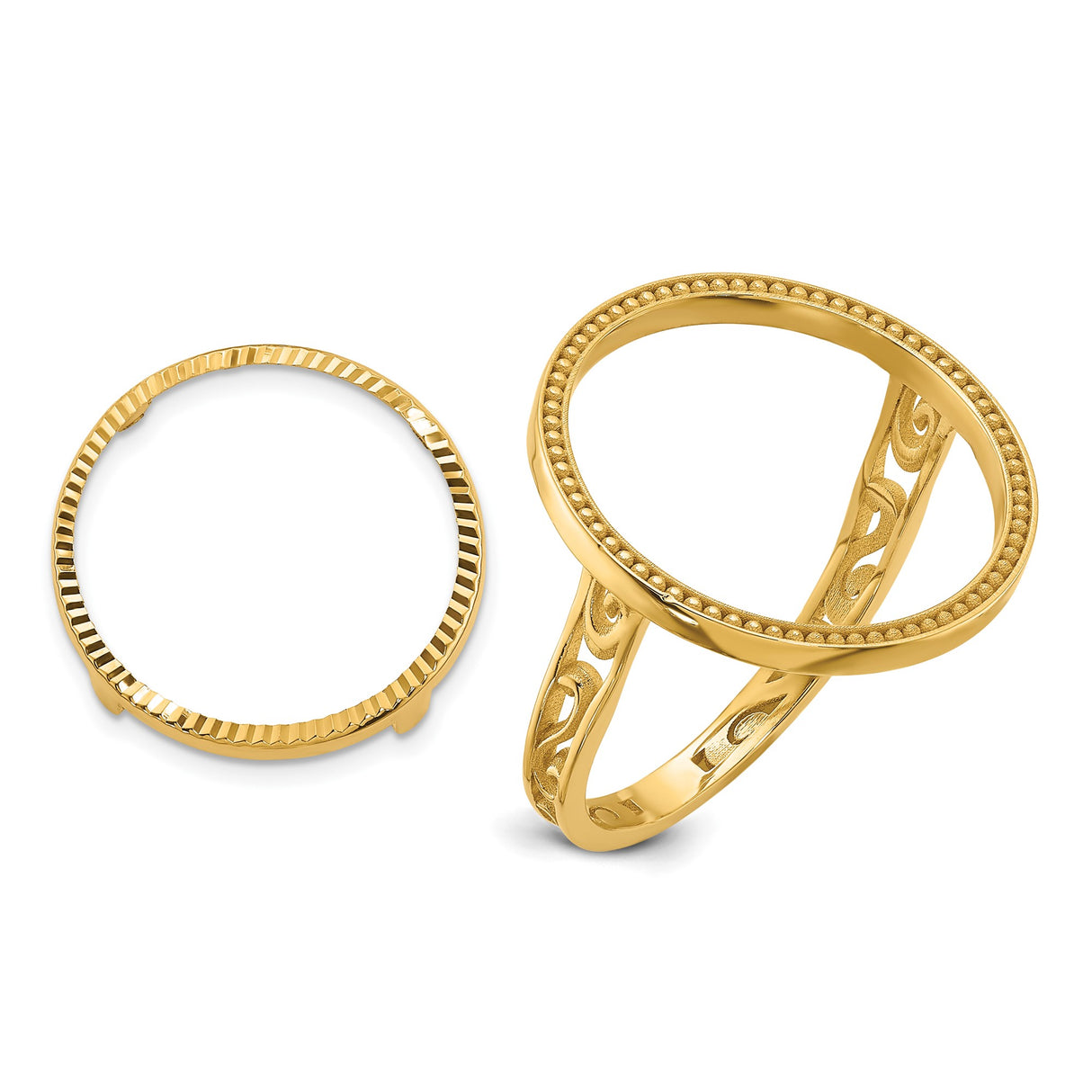 Australian 1/10 oz Gold Kangaroo $15 Coin Bezel Ring Prong Set Diamond-cut with Filigree Sides in 14k Yellow Gold