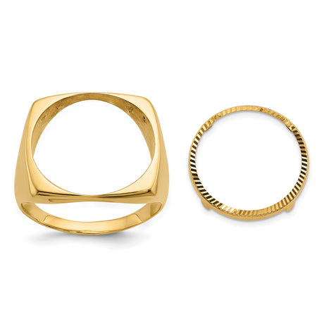 Australian 1/10 oz Gold Kangaroo $15 Coin Bezel Ring Prong Set Mens Diamond-cut Square Shaped in 14k Yellow Gold