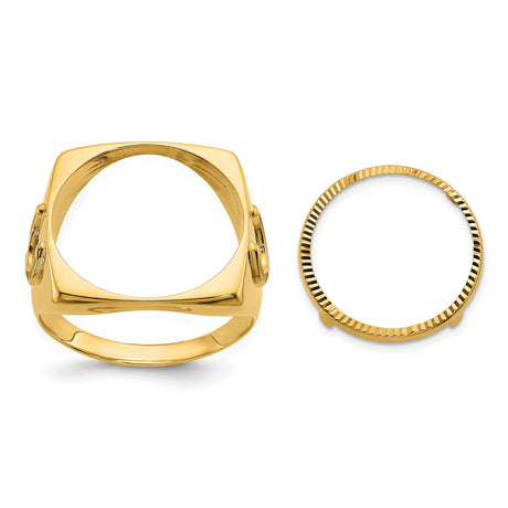 Australian 1/10 oz Gold Lunar $15 Coin Series 3 Coin Bezel Ring Prong Set Mens Horseshoe Sides Square Shaped in 14k Yellow Gold