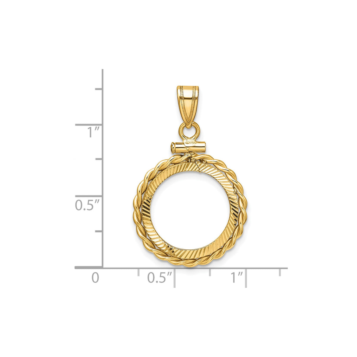 16 mm 14k Yellow Gold coin bezel pendant for Canadian $5 Maple Leaf — size reference (ruler)