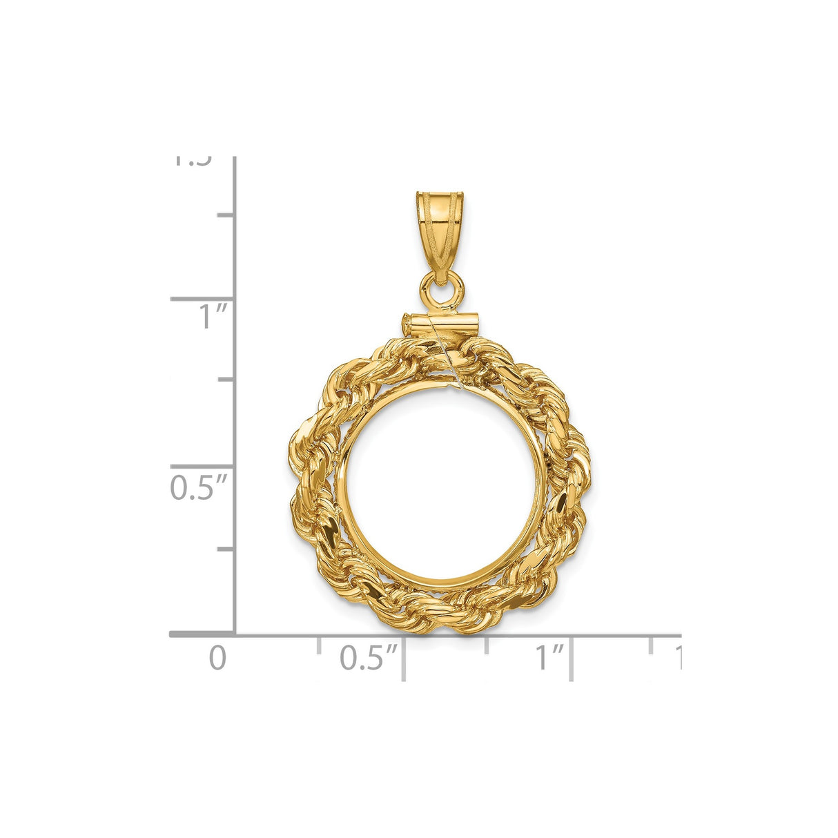 16 mm 14k Yellow Gold coin bezel pendant for Canadian $5 Maple Leaf — size reference (ruler)