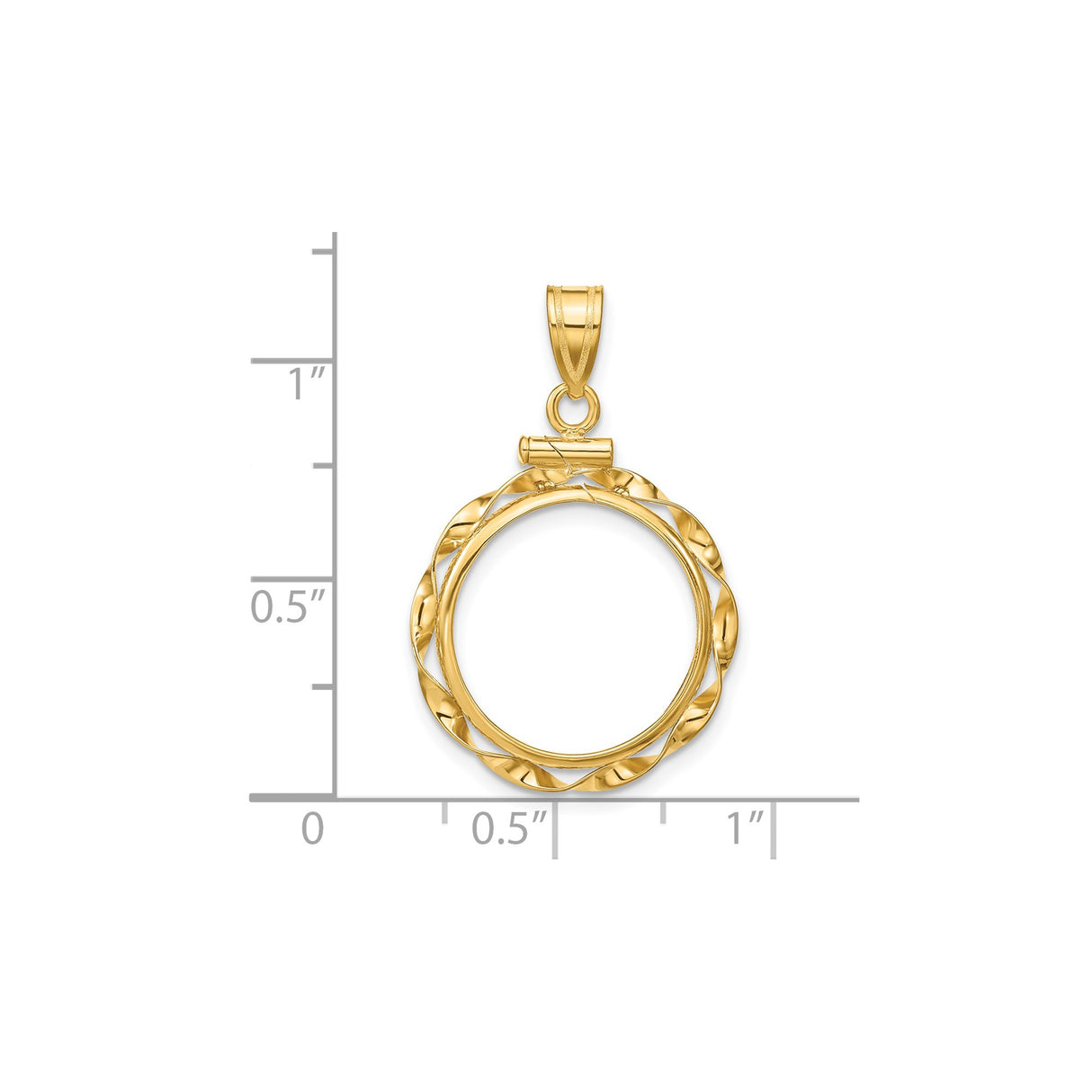 16 mm 14k Yellow Gold coin bezel pendant for Canadian $5 Maple Leaf — size reference (ruler)