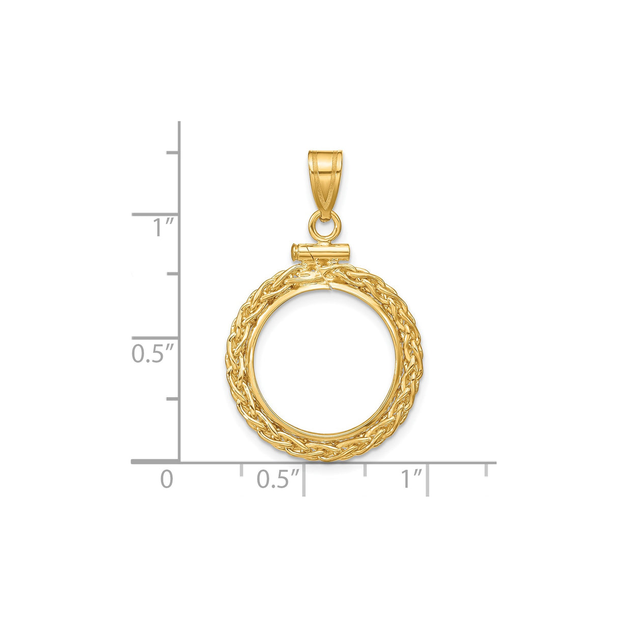 16 mm 14k Yellow Gold coin bezel pendant for Canadian $5 Maple Leaf — size reference (ruler)