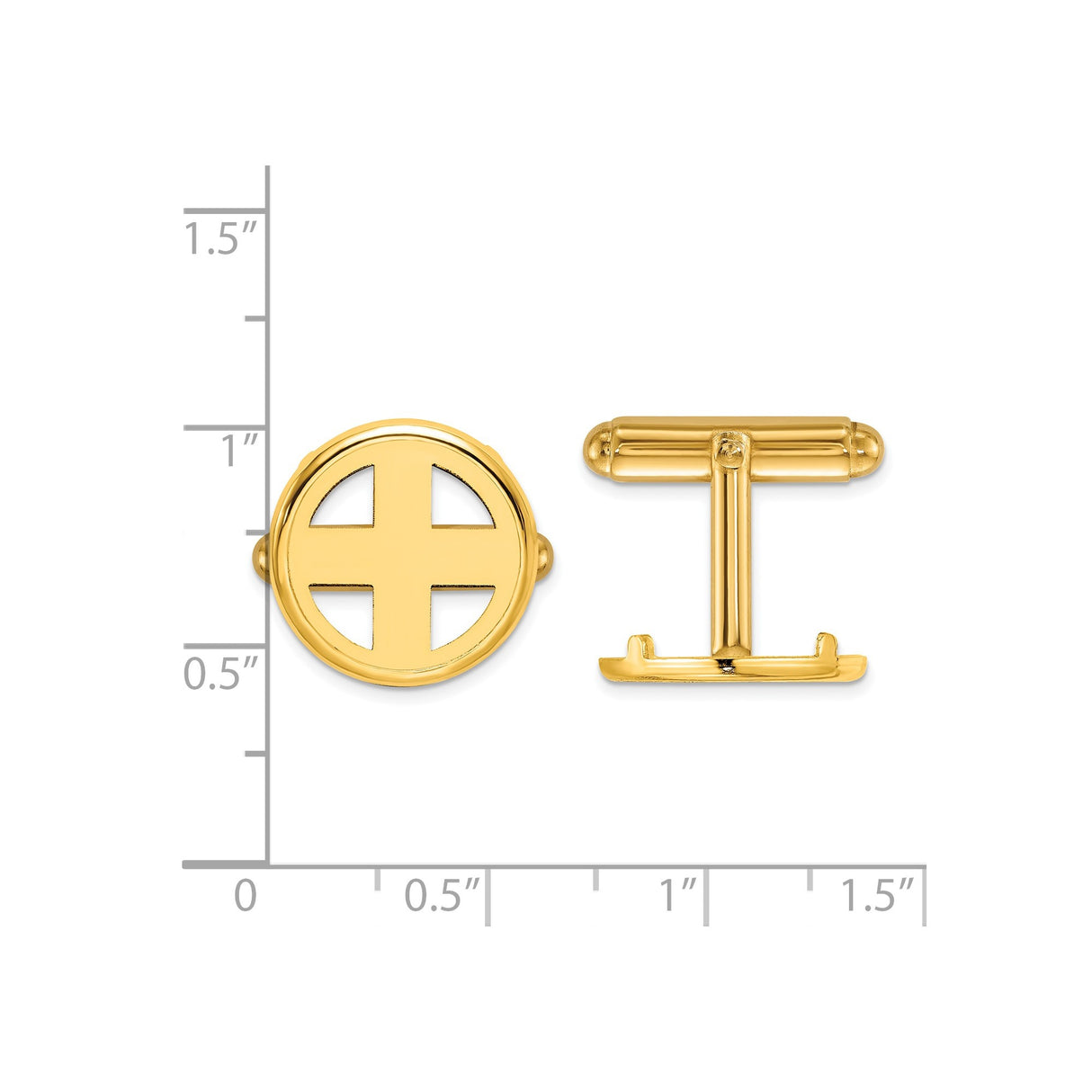 15 mm 14k Yellow Gold coin bezel cuff links for Canadian $2 Maple Leaf — size reference (ruler)