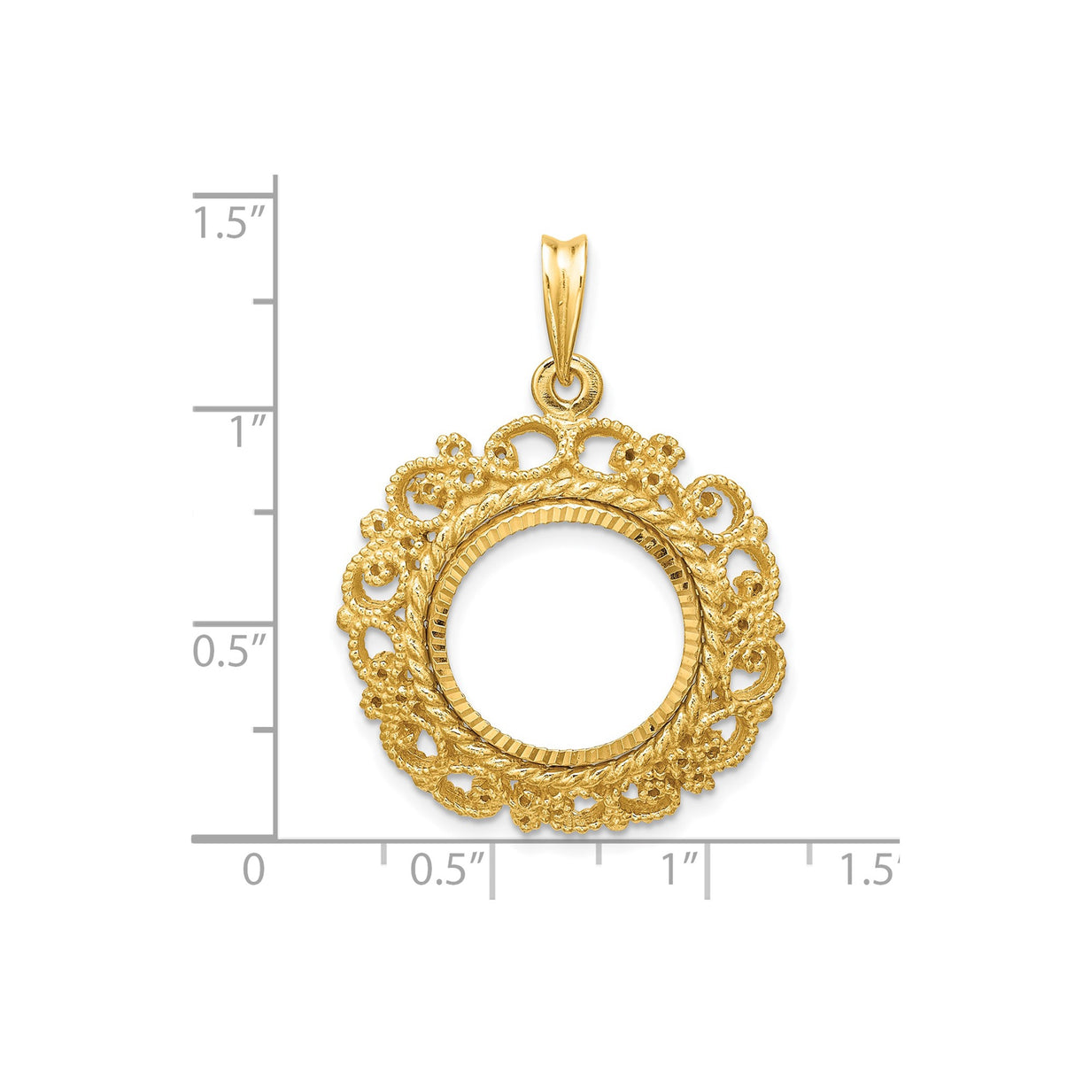 15 mm 14k Yellow Gold coin bezel pendant for Canadian $2 Maple Leaf — size reference (ruler)