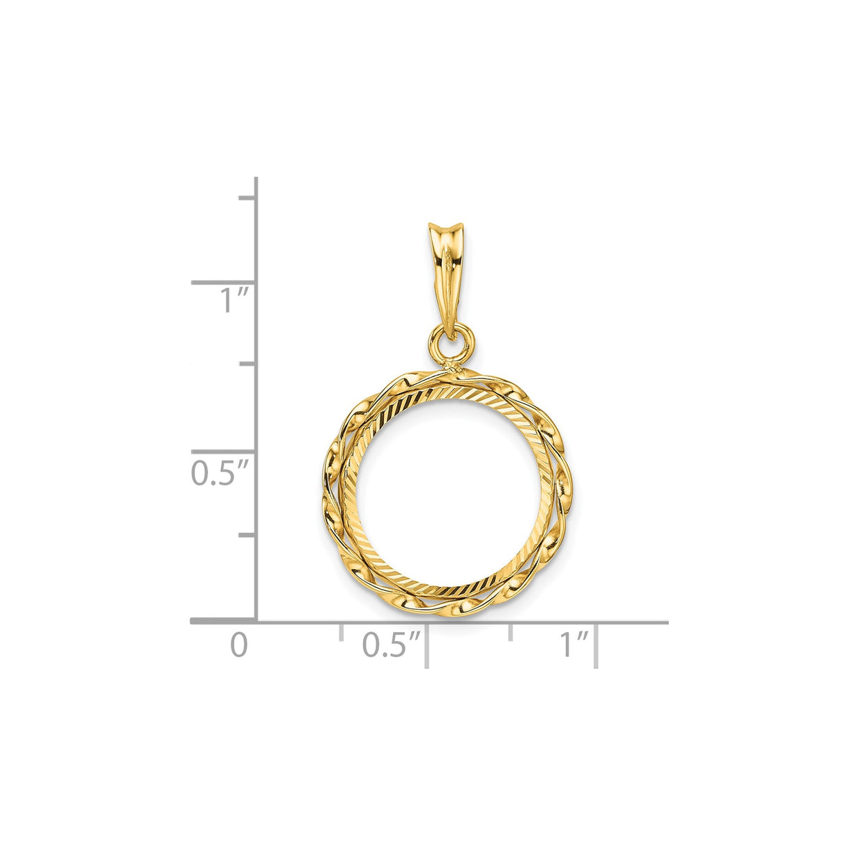 15 mm 14k Yellow Gold coin bezel pendant for Canadian $2 Maple Leaf — size reference (ruler)
