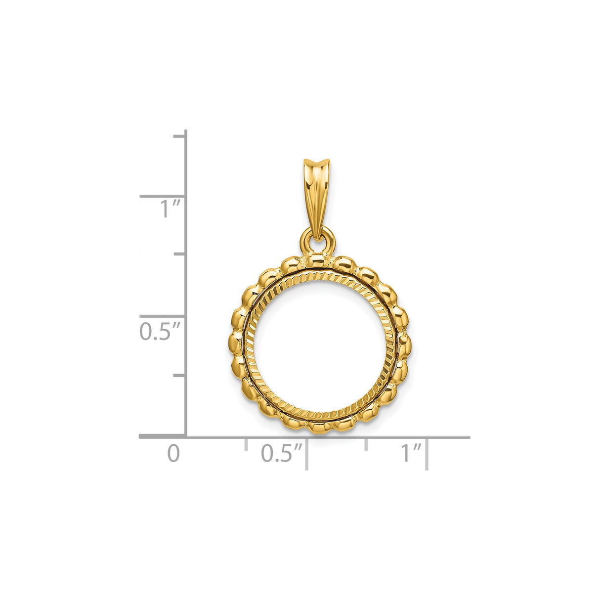 15 mm 14k Yellow Gold coin bezel pendant for Canadian $2 Maple Leaf — size reference (ruler)