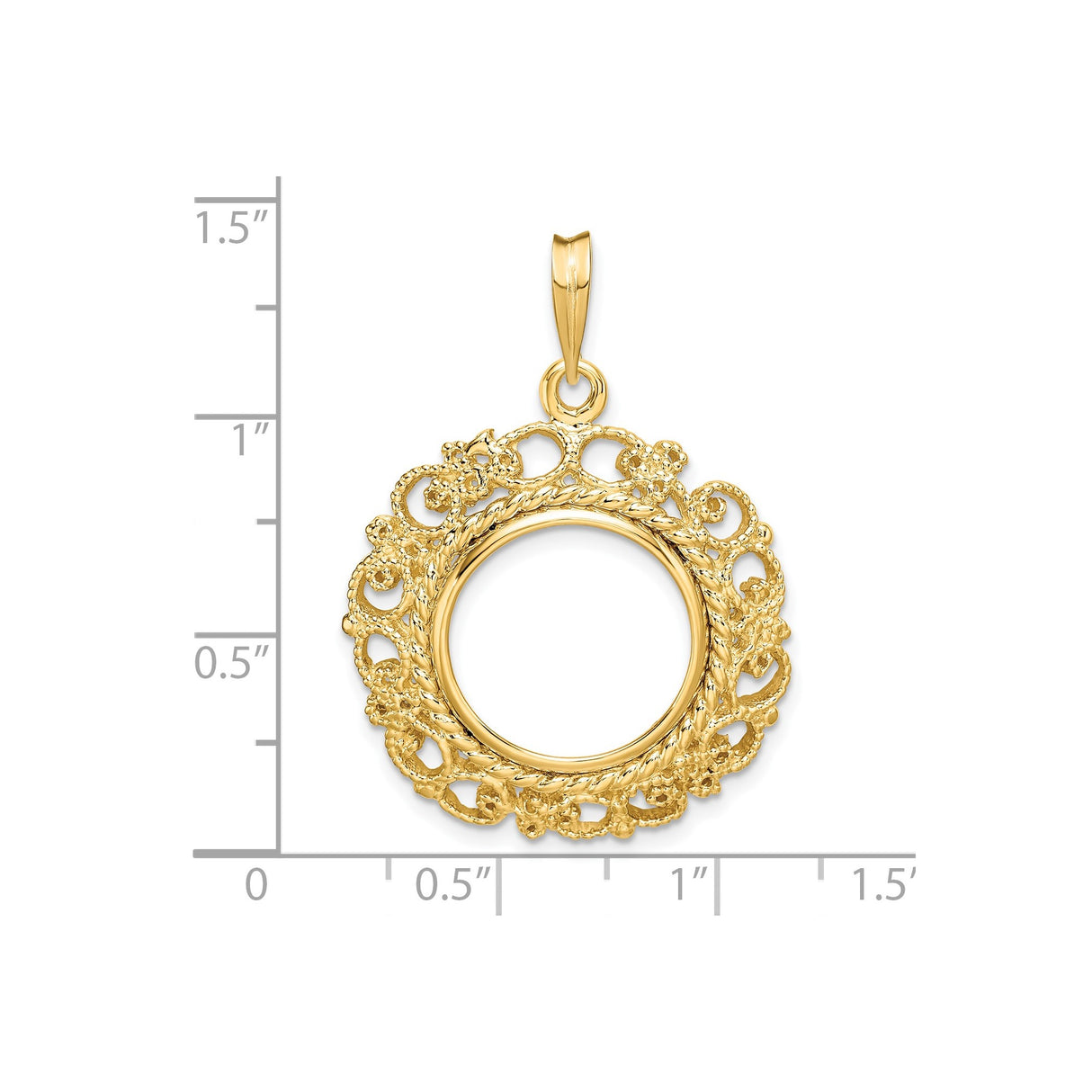 15 mm 14k Yellow Gold coin bezel pendant for Canadian $2 Maple Leaf — size reference (ruler)