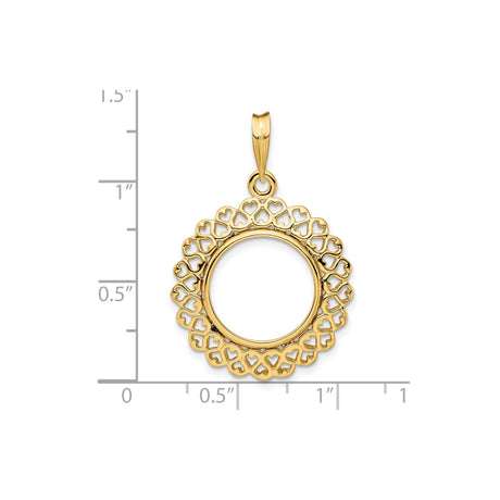 15 mm 14k Yellow Gold coin bezel pendant for Canadian $2 Maple Leaf — size reference (ruler)