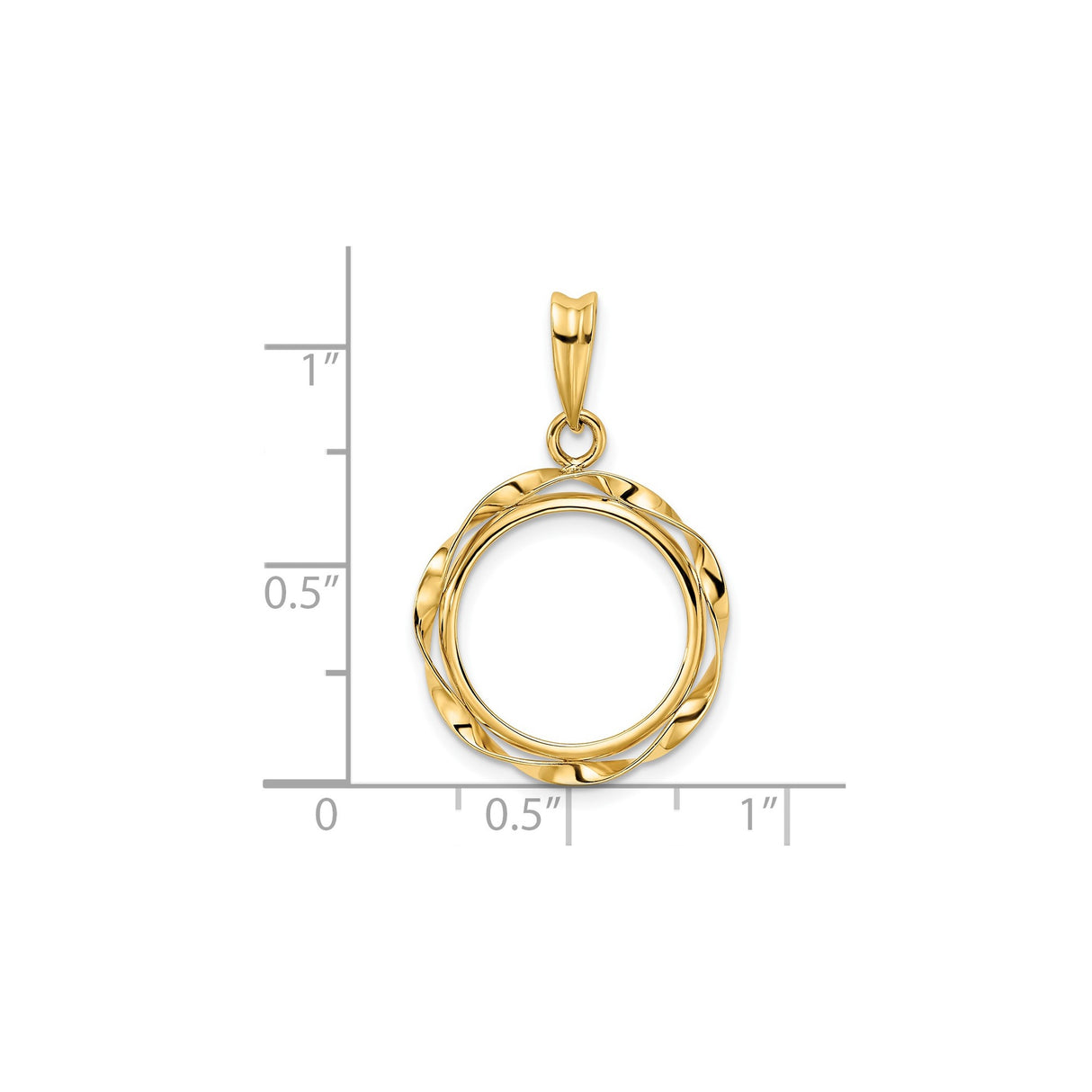 15 mm 14k Yellow Gold coin bezel pendant for Canadian $2 Maple Leaf — size reference (ruler)