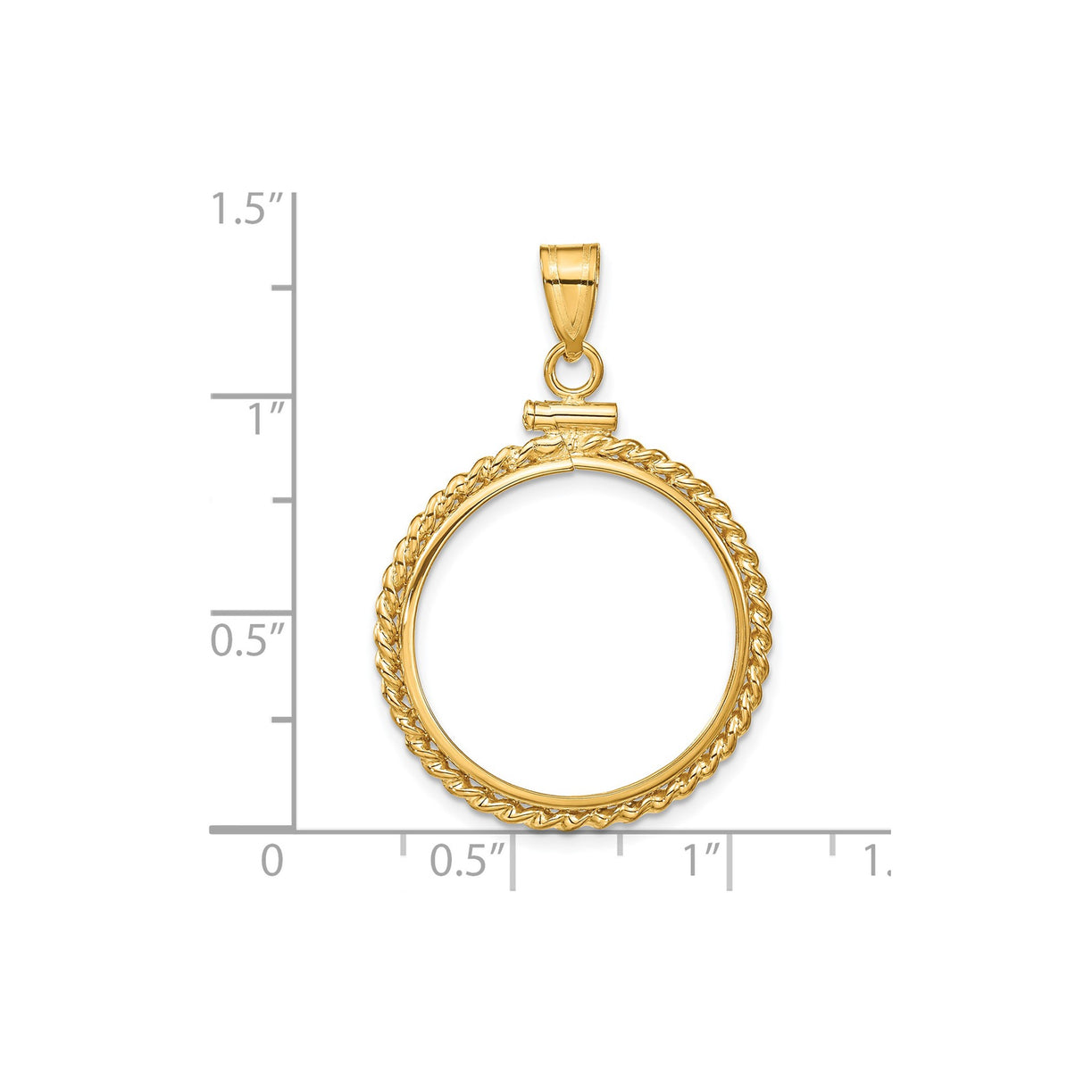 20 mm 14k Yellow Gold coin bezel pendant for Canadian $10 Maple Leaf — size reference (ruler)