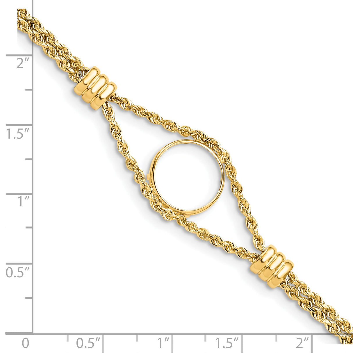 13 mm 14k Yellow Gold coin bezel bracelet for Mexican 2 Peso Peso — size reference (ruler)