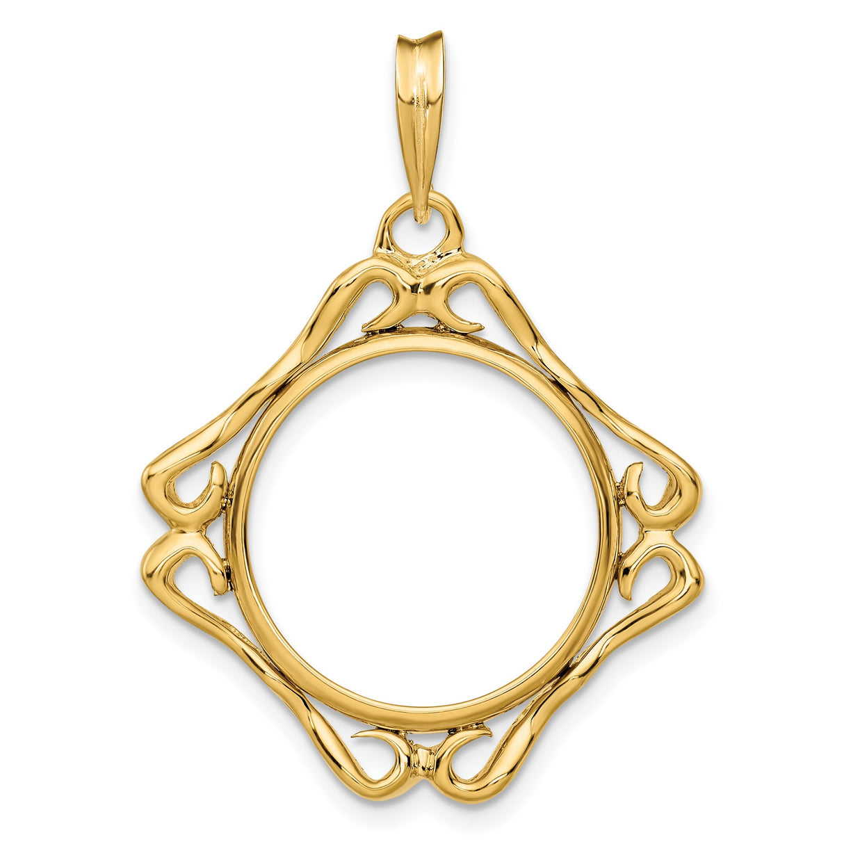 Isle of Man 1/10 oz Gold Cat Coin Bezel Pendant Prong Set Cushion Filigree Scroll in 14k Yellow Gold