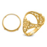 Australian 1/10 oz Gold Lunar $15 Coin Series 3 Coin Bezel Ring Prong Set Polished Curled Filigree in 14k Yellow Gold